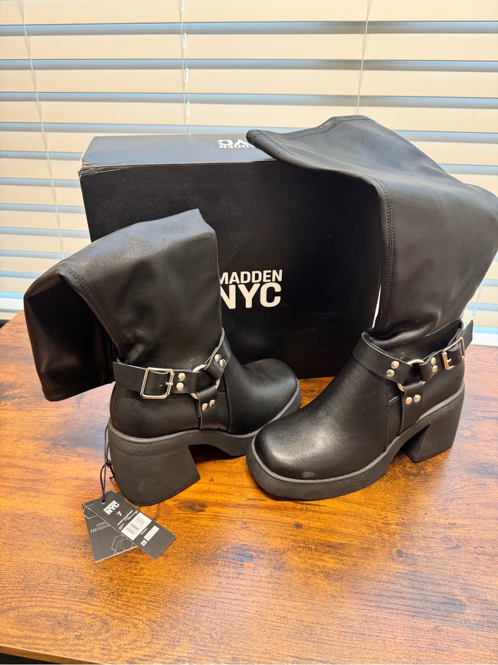 Black Platform Mid-Calf Harness Boots for Women - Picture 2 of 8